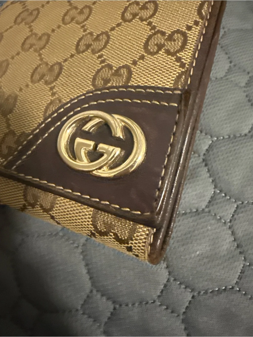 Gucci Tan Monogram Card Holder with Brown Leather Trim and Gold Logo
